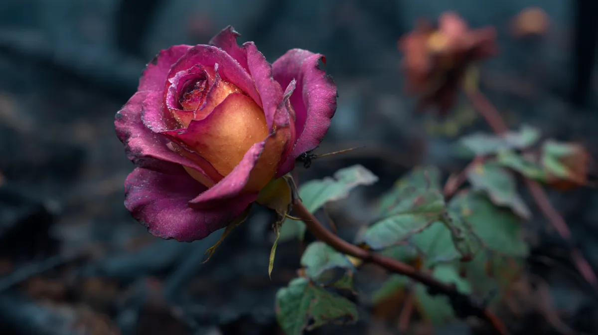 A solitary rose reborn violently from smoldering ashes, edges glowing with dying embers, memories of pain and resilience, epic close-up.