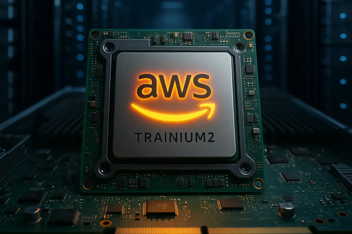 AWS Trainium2 chip installed on a server board with glowing AWS logo and data center background