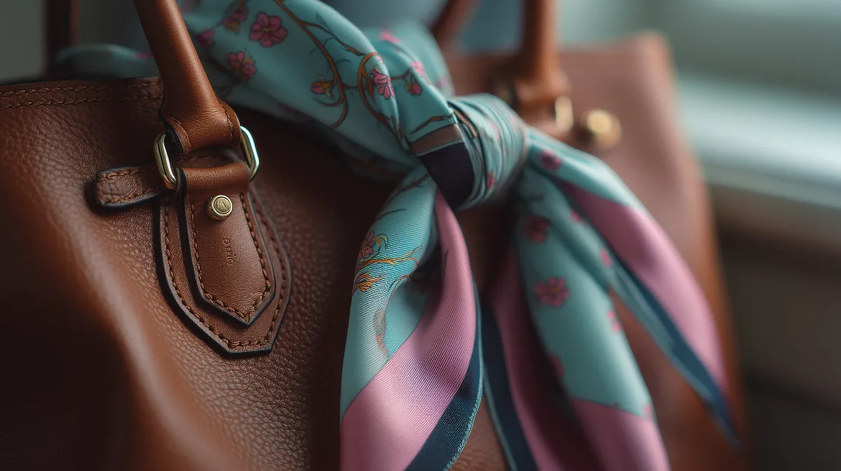 Canon EOS R5 Midjourney RF 35 mm Macro prompt Close-up of a silk scarf tied on a leather handbag, shot on Canon EOS R5, RF 35 mm Macro, high texture detail, luxury accessory ad