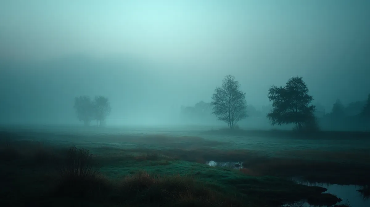 Dense fog, ghostly veil enveloping silent moors, colors drained, leaving only suspenseful mystery.