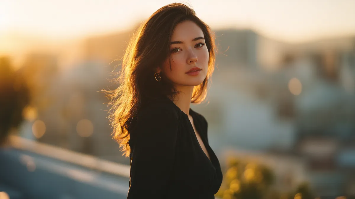 Canon EOS R5 Midjourney RF 70-200 mm runway prompt legant woman posing on a rooftop during golden hour, Canon EOS R5, RF 70-200 mm, dramatic background blur, long-lens compression, fashion campaign style