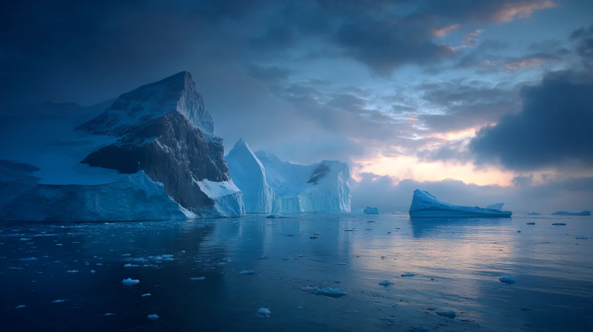 Icebergs drifting through polar twilight, bathed in serene blues, isolation and peace intertwined