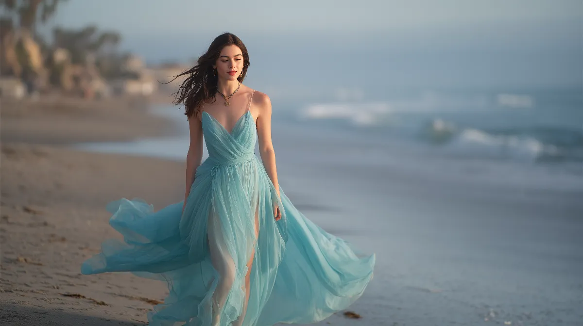 Canon EOS R5 Midjourney RF 24-70 mm fashion prompt Model spinning on a beach in a flowing gown, Canon EOS R5, RF 24-70 mm, motion blur on fabric, high-end outdoor shoot 