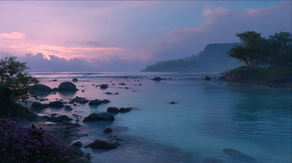 Silent shores shimmer by sapphire seas, dawn's gentle light whispers meditation