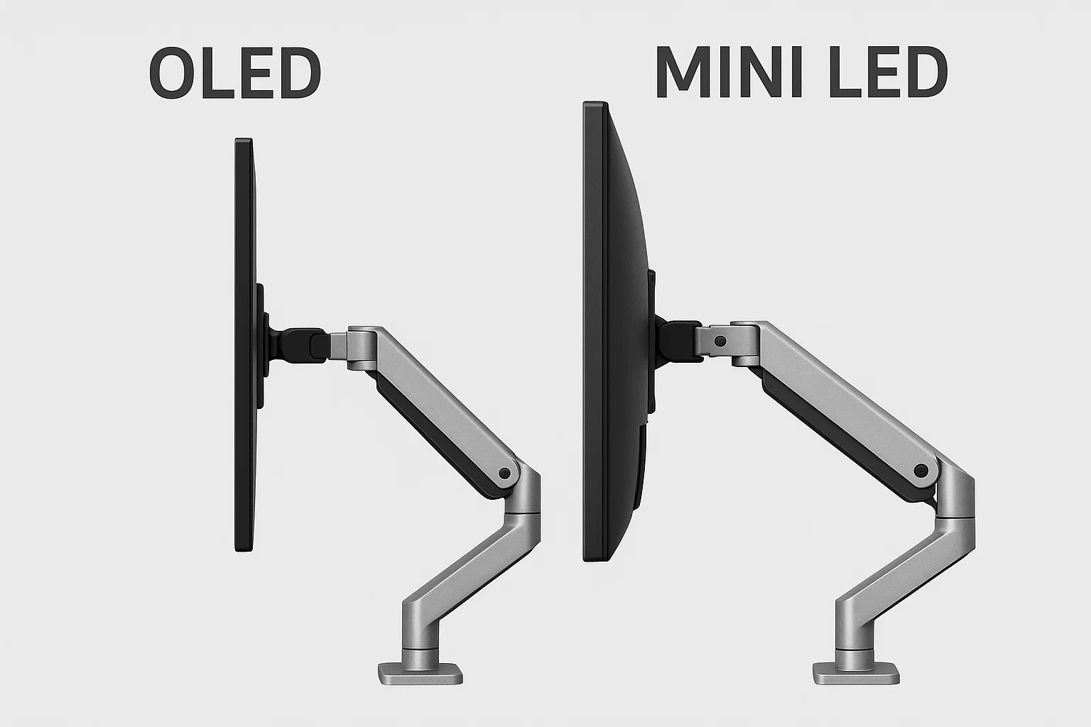 Slim profile of an OLED vs Mini LED monitor on a VESA arm