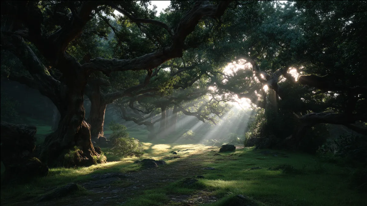 Sunlight pierces ancient tree canopies, igniting dancing dust motes, magical realism.