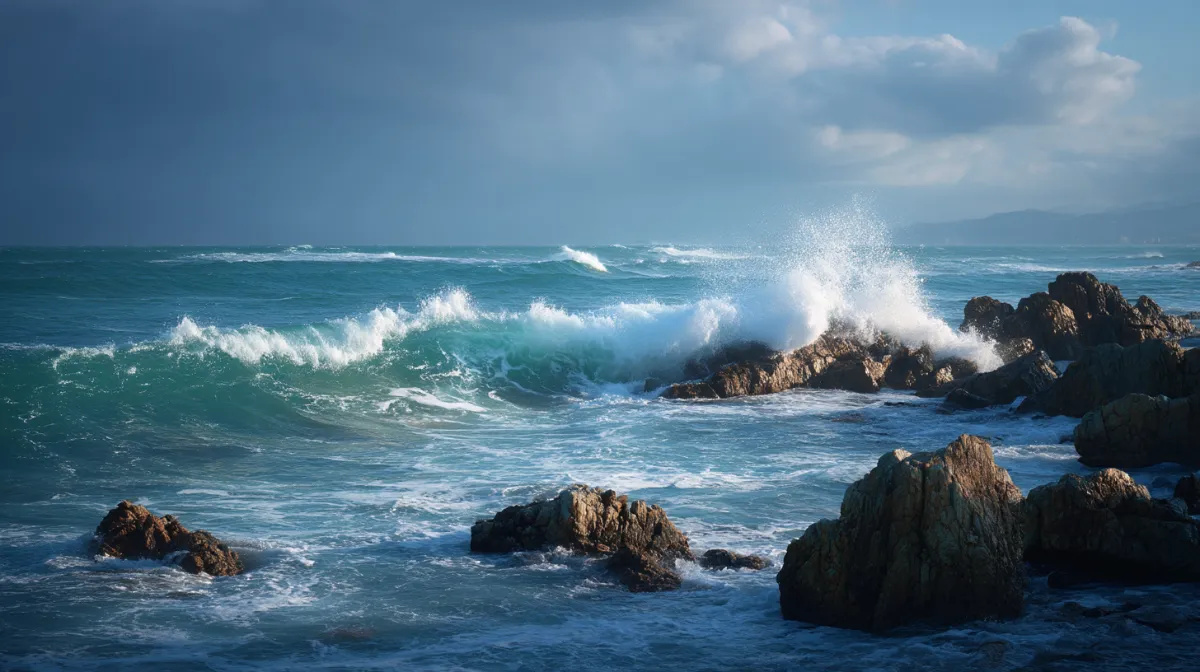 Waves crash violently against jagged rocks, spitting silver foam, dramatic tension heightened by stark contrasts.