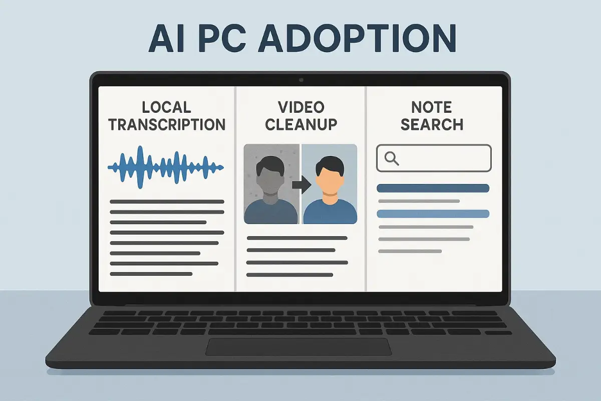 AI PC adoption illustrated by a thin laptop running local transcription, video cleanup, and note search side by side