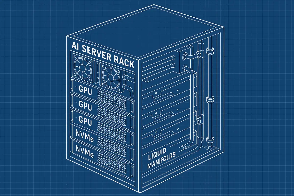 AI server rack blueprint with GPUs, NVMe tiers, and liquid manifolds
