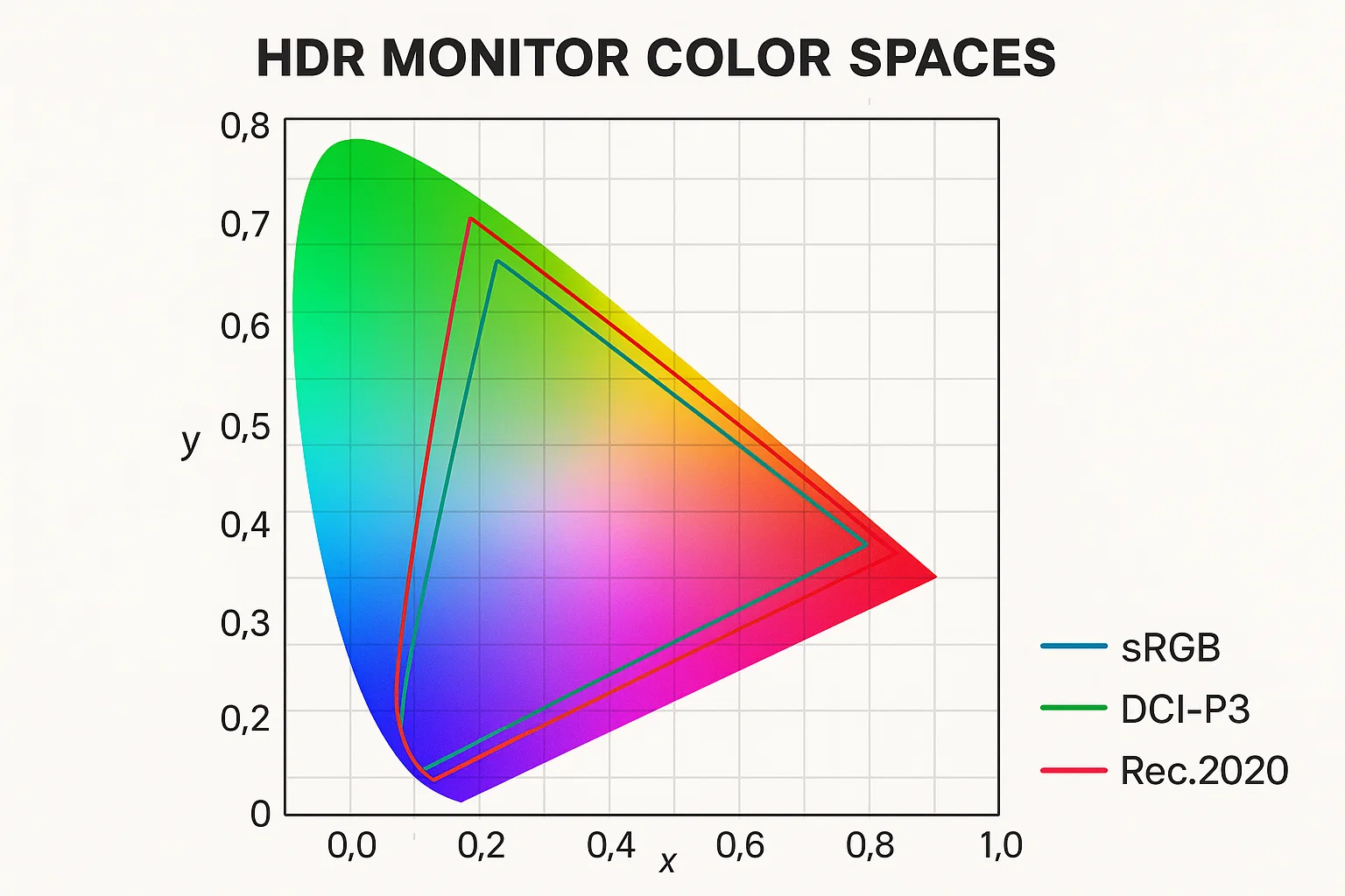 HDR monitor color spaces chart comparing sRGB, DCI-P3, and Rec.2020