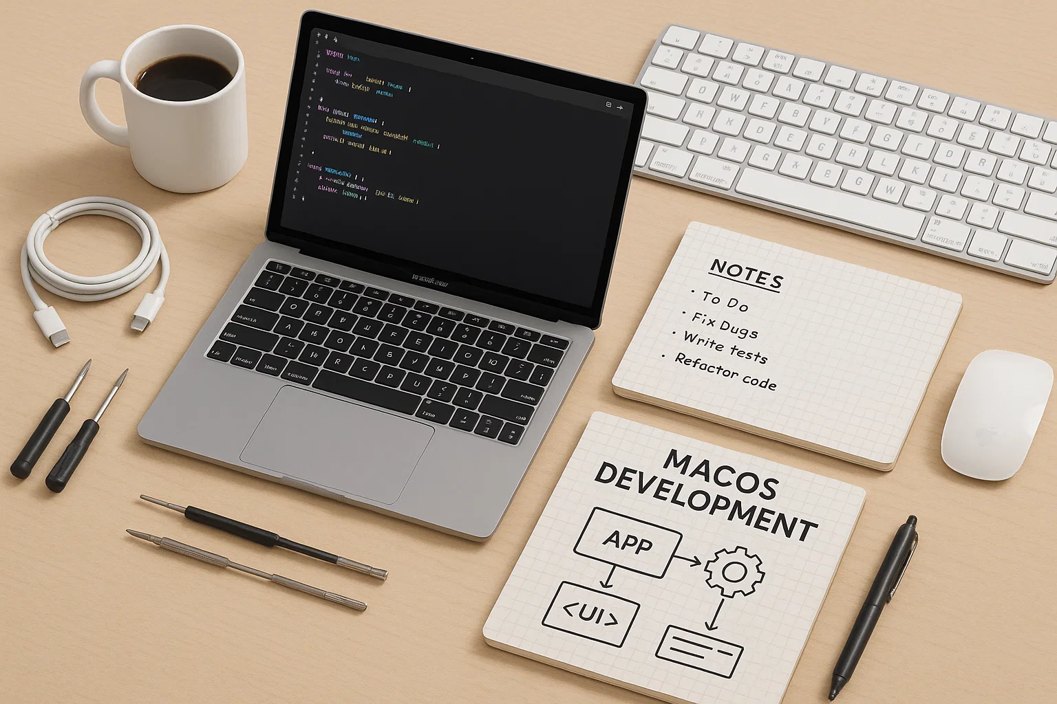 Mac development environment setup desk flat-lay with tools and notes