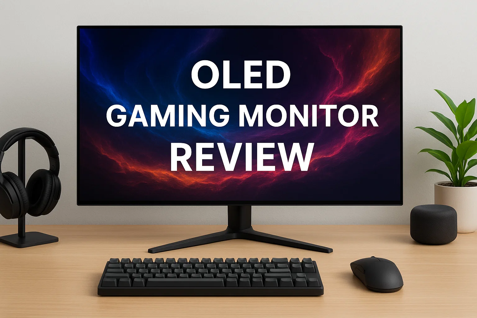 OLED gaming monitor review hero setup on a clean desk