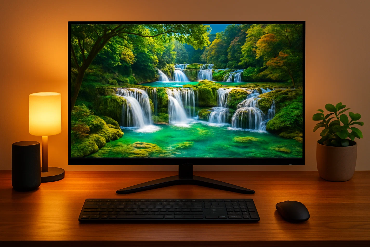 HDR monitor on a warm desk setup showing vivid waterfall scene