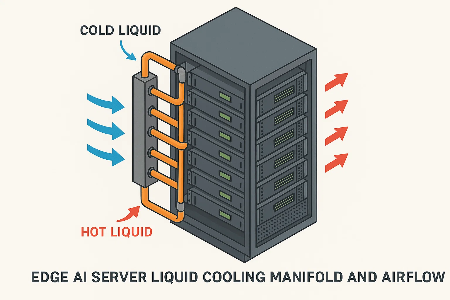 Edge AI server liquid cooling manifold and airflow arrows