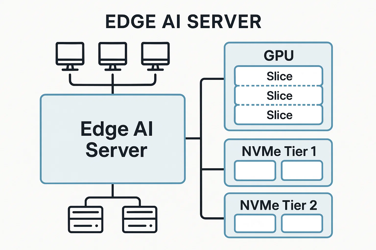 Edge AI server topology map with GPU slices and NVMe tiers