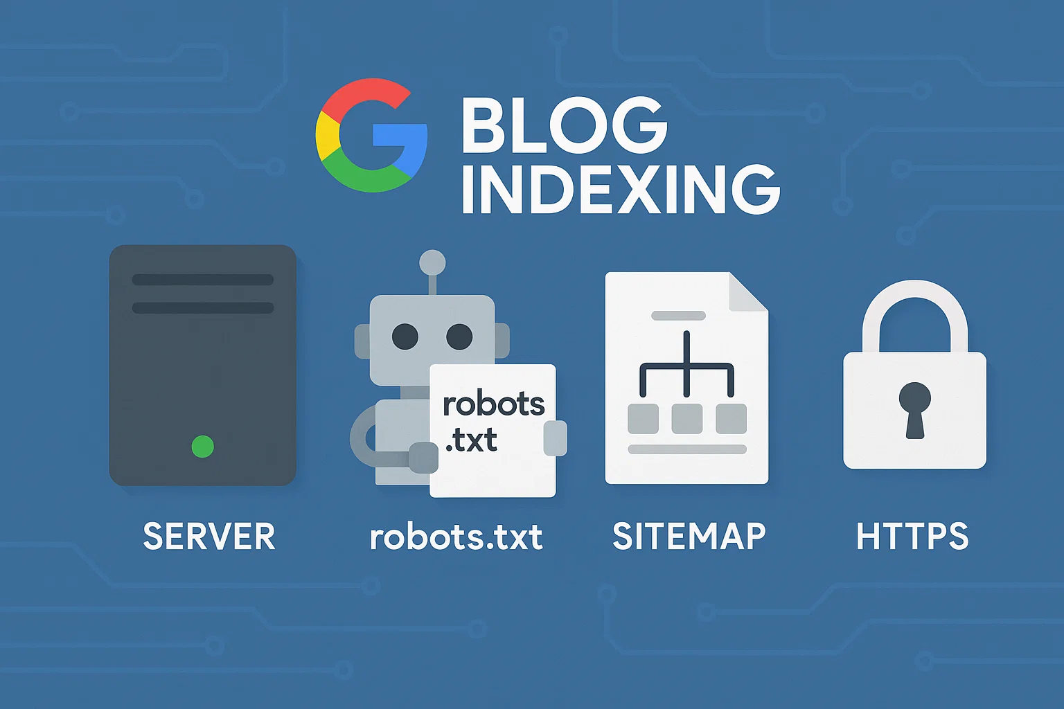 Google blog indexing technical foundation with server, robots.txt, sitemap, and HTTPS