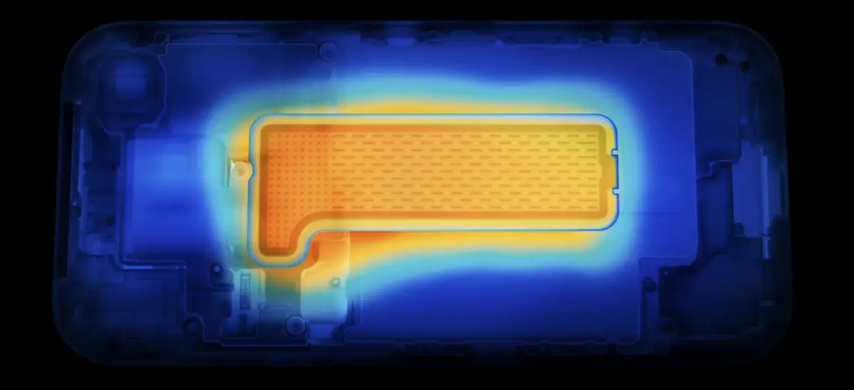 iPhone 17 Pro aluminum frame vapor chamber and heat spread arrows