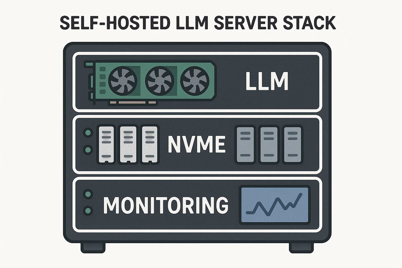 self-hosted LLM server stack with GPUs, NVMe tiers, and monitoring