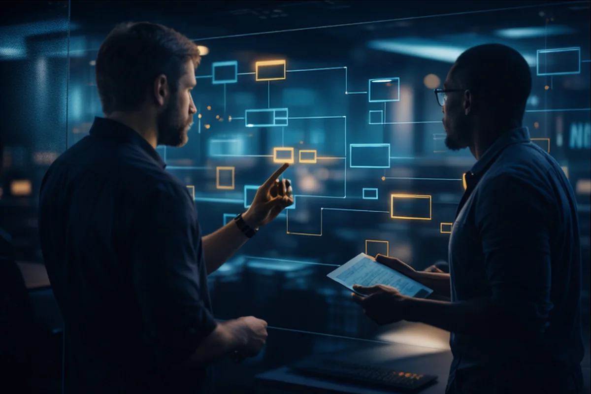 Late-night developer workflow planning scene