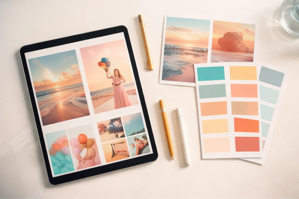 Bright studio flat-lay comparing AI image generation workflows