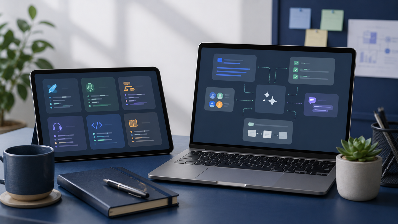 Abstract AI tools stack for small teams shown as organized workflow cards on a desk