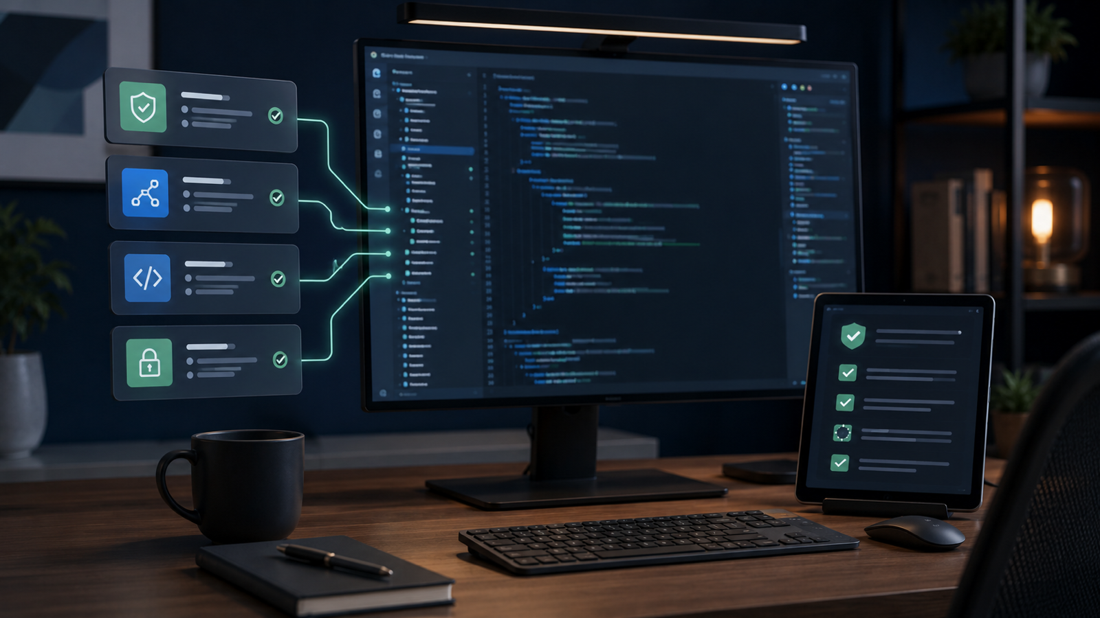 Developer workstation showing abstract rule cards for safer AI coding workflows