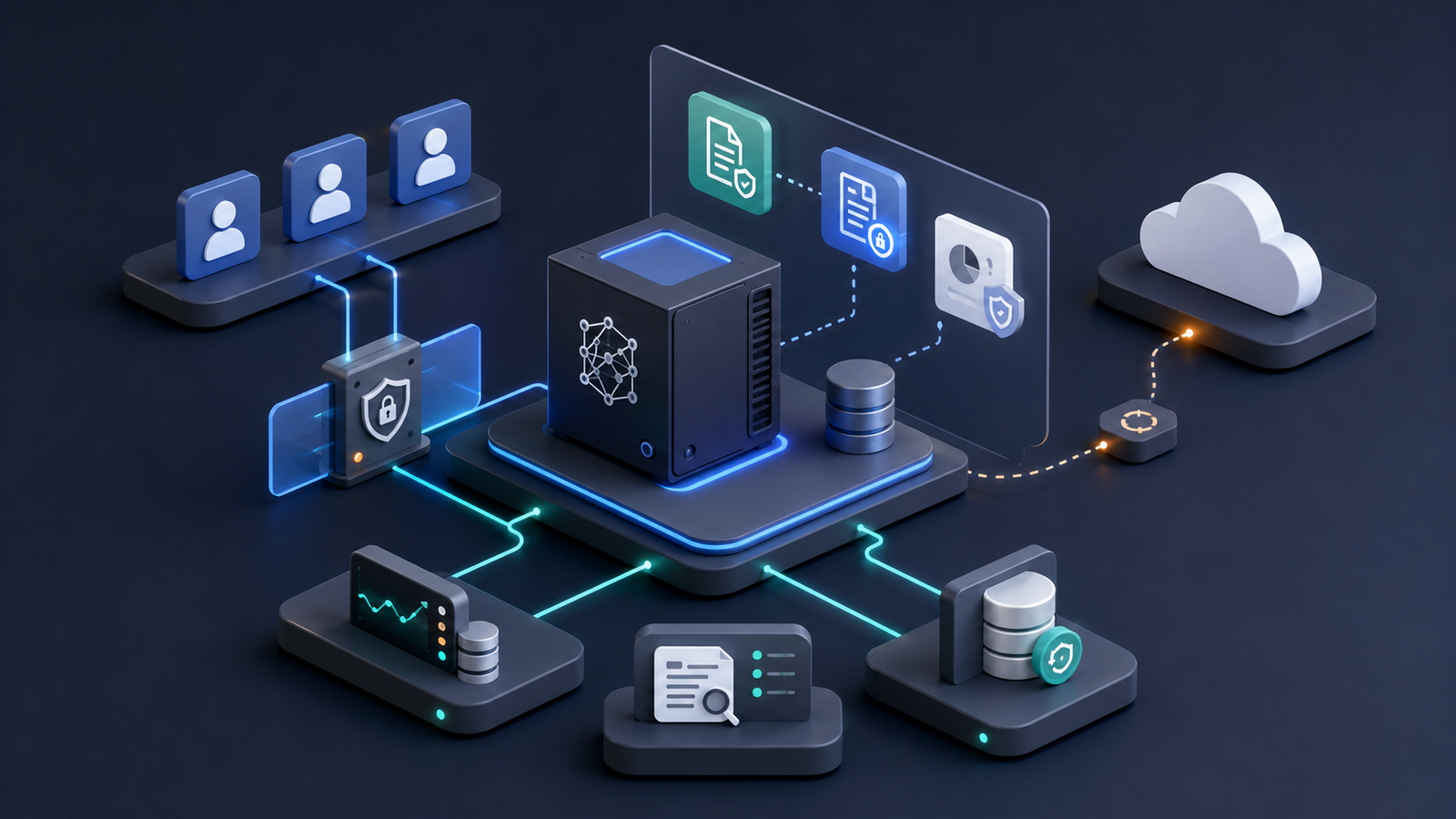 Architecture diagram style illustration of a self-hosted LLM connected to internal documents, access controls, and cloud fallback